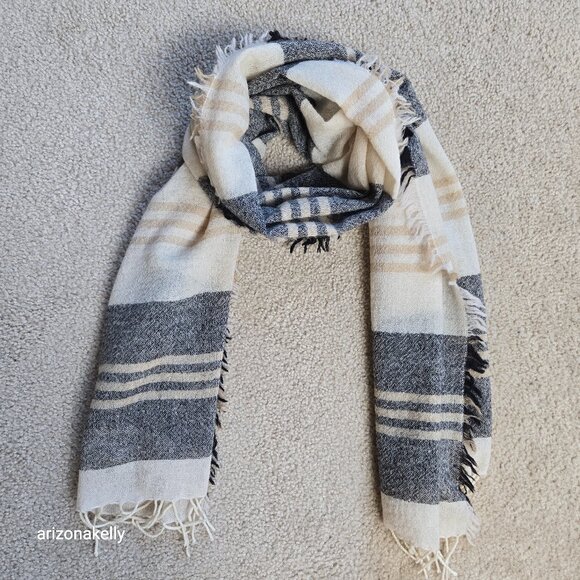 Accessories - NWOT Wool Lightweight Woven Fringe Scarf Stripes Earth Charcoal Tan Oatmeal